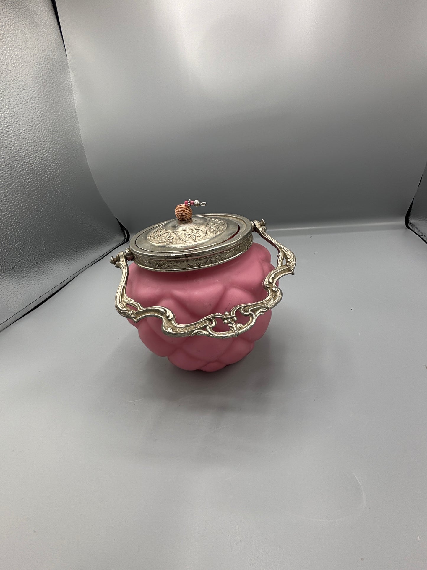 Antique Consolidated glass pink satin quilted biscuit jar