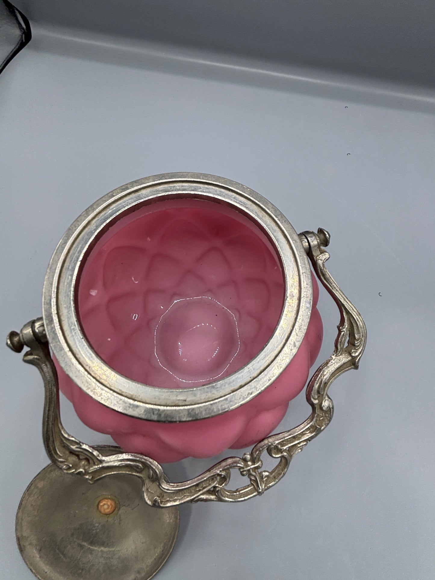 Antique Consolidated glass pink satin quilted biscuit jar