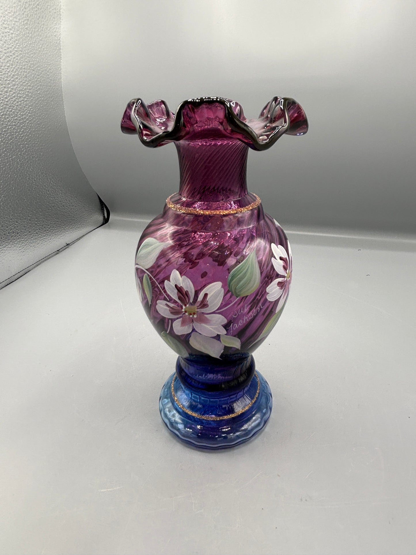 Vintage Fenton Mulberry Spiral optic hand painted vase