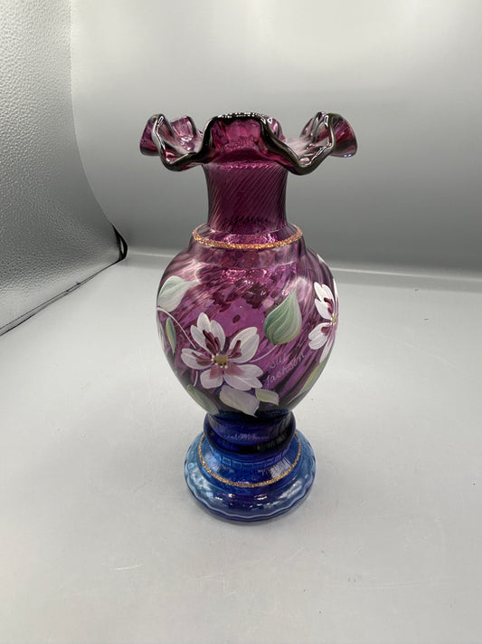 Vintage Fenton Mulberry Spiral optic hand painted vase