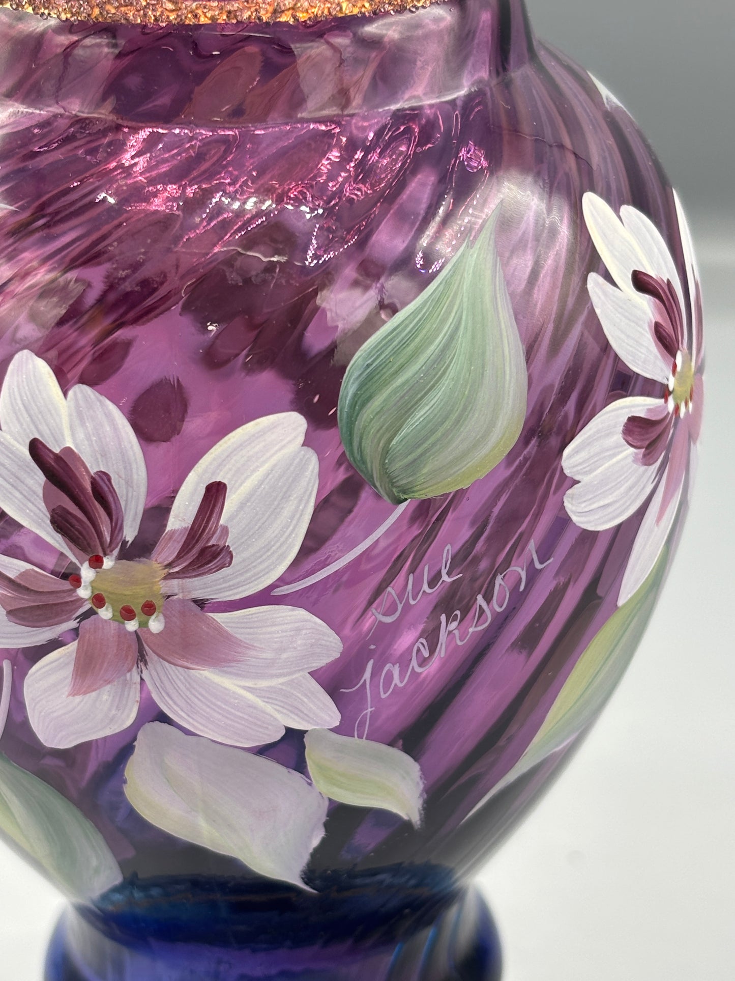 Vintage Fenton Mulberry Spiral optic hand painted vase