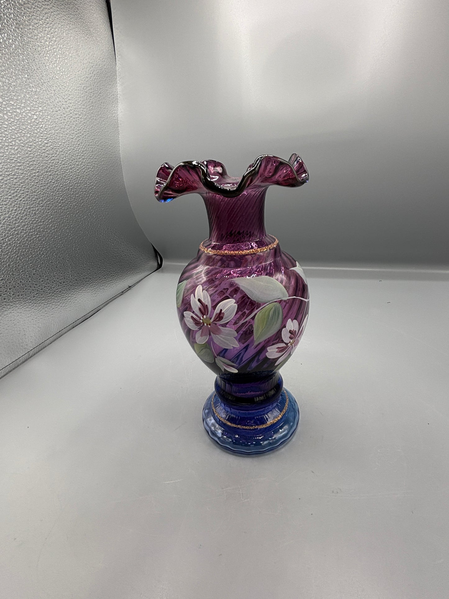 Vintage Fenton Mulberry Spiral optic hand painted vase