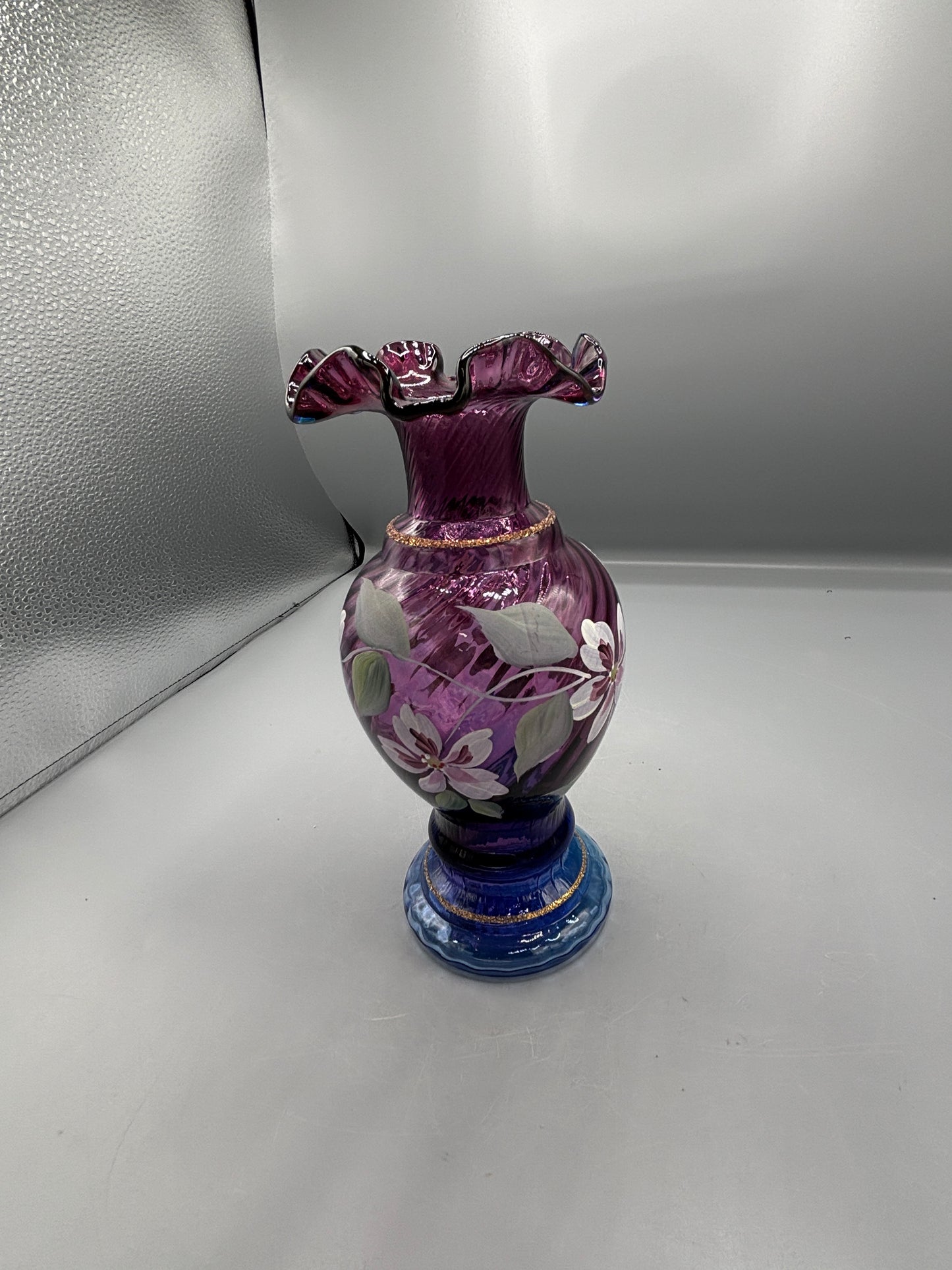 Vintage Fenton Mulberry Spiral optic hand painted vase