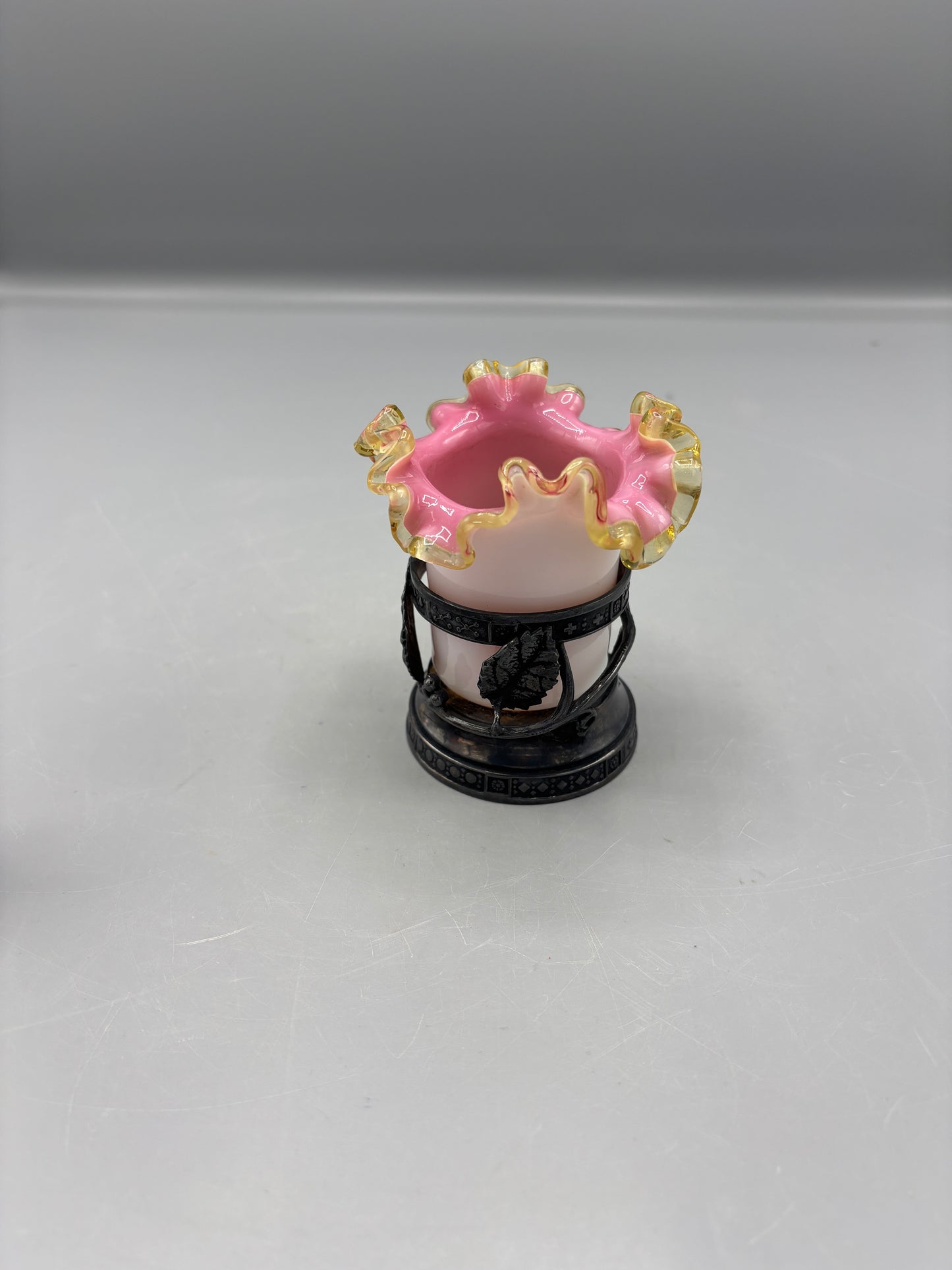 Vintage Fenton Amber Crest vase in metal holder