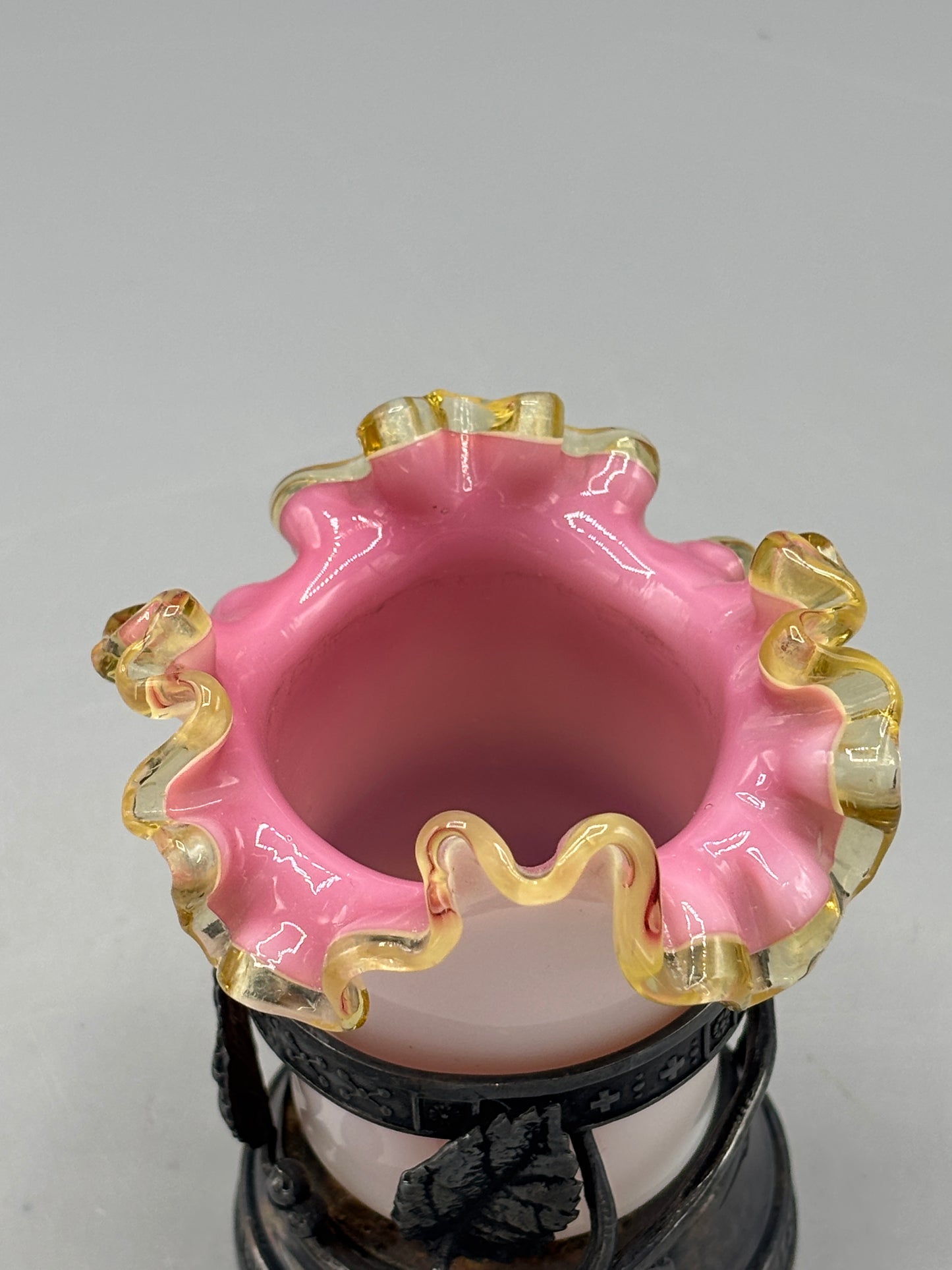 Vintage Fenton Amber Crest vase in metal holder