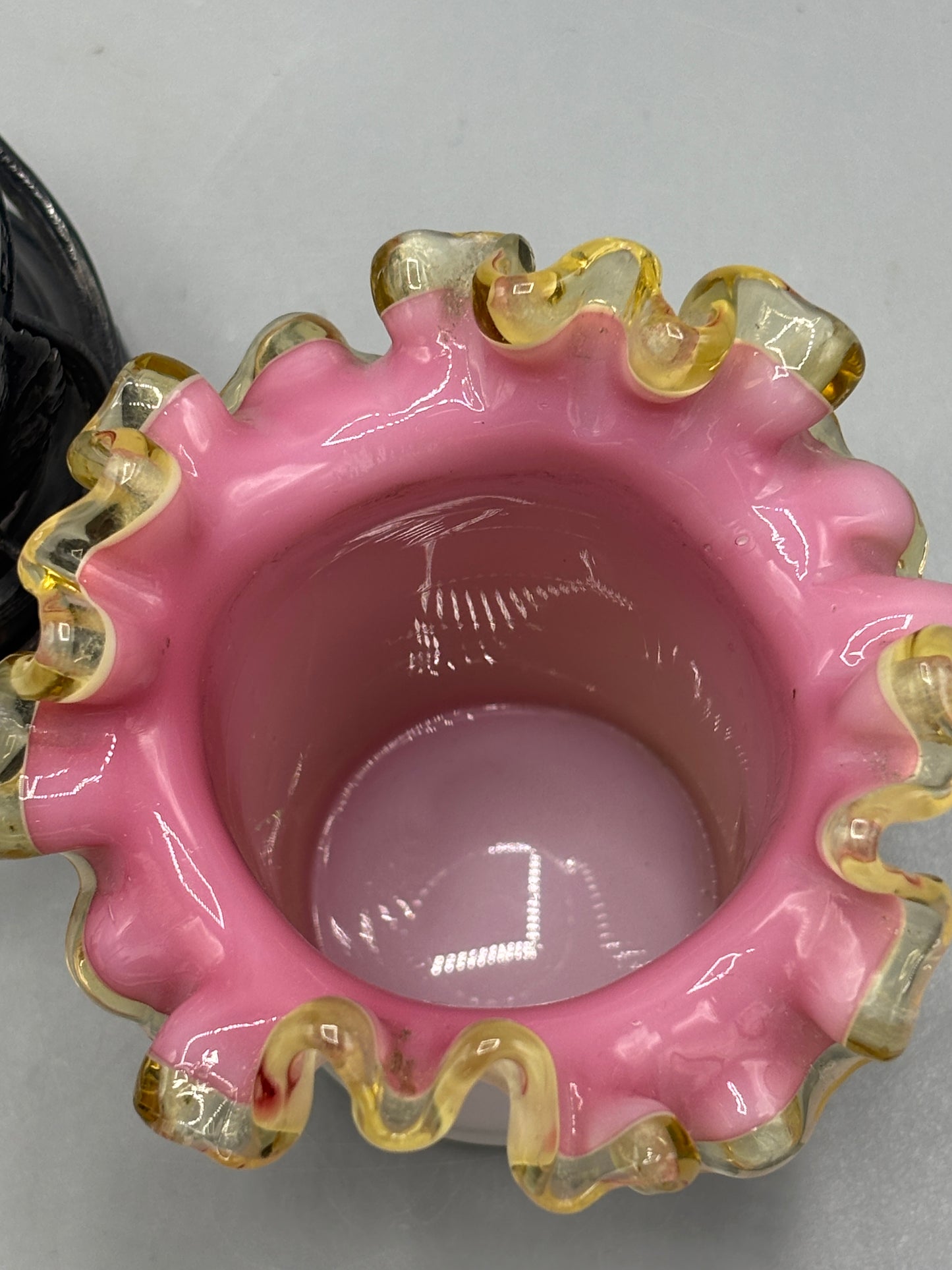 Vintage Fenton Amber Crest vase in metal holder
