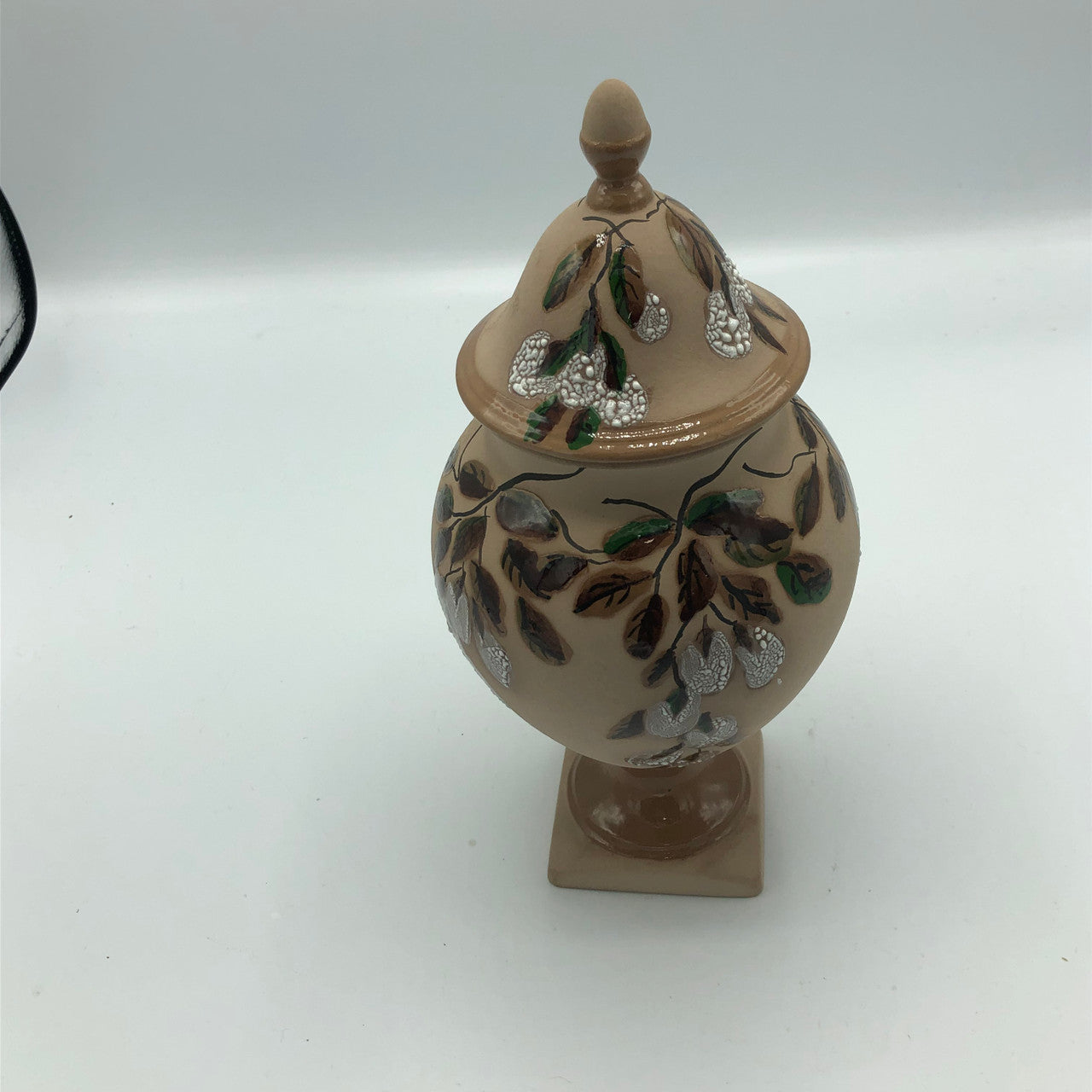 Handmade signed brown & tan vase with lid