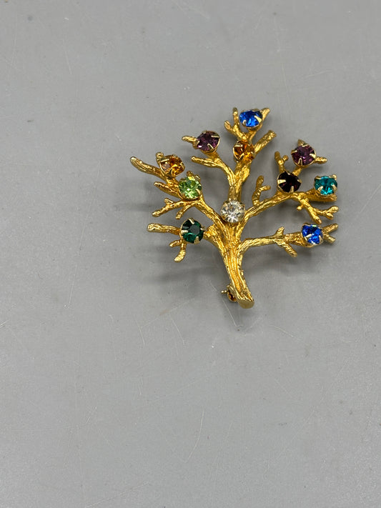 Vintage gold tone Multi colored stone "Tree of Life" brooch