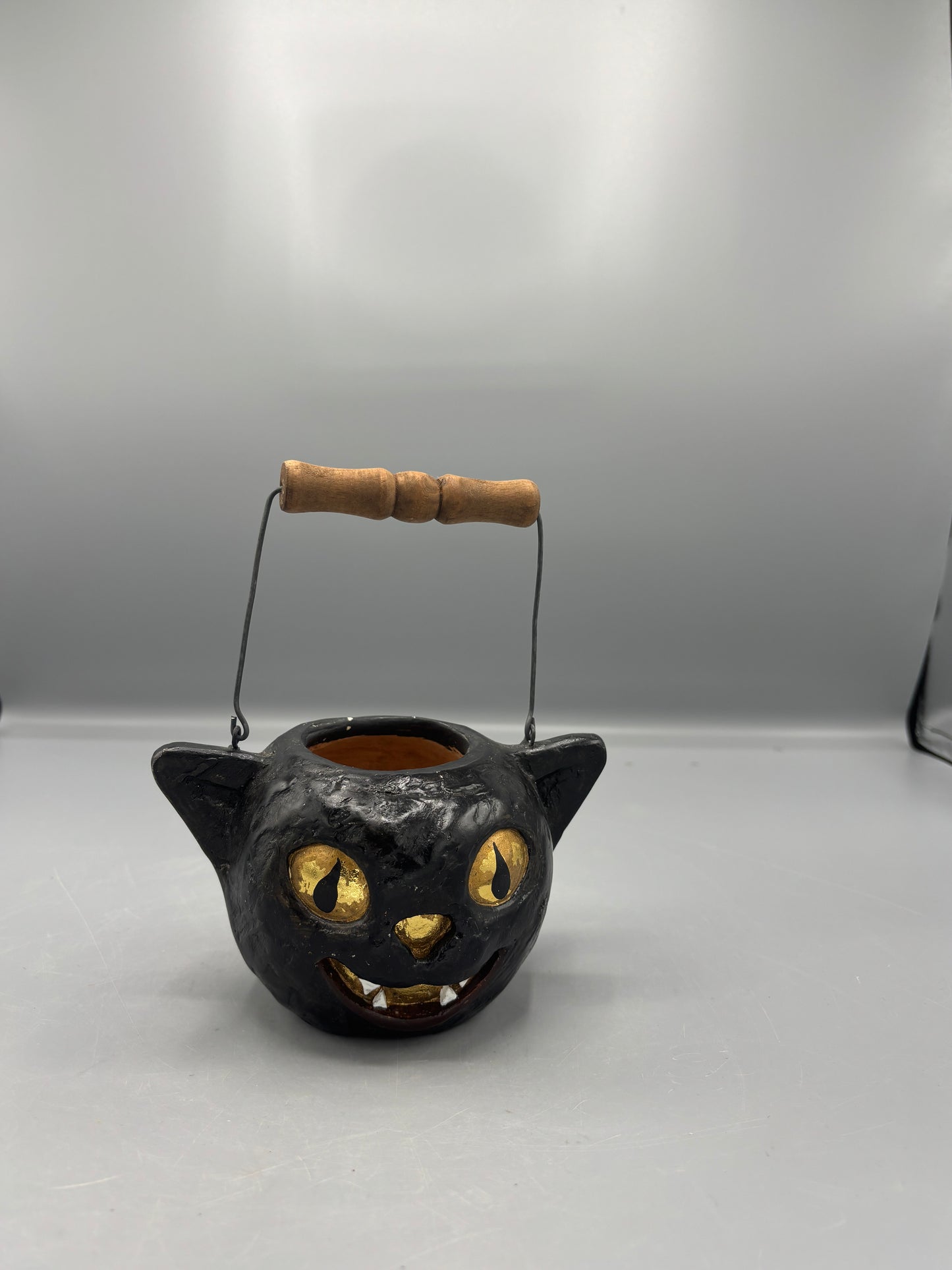American Folk Art  black cat  bucket with gold eyes