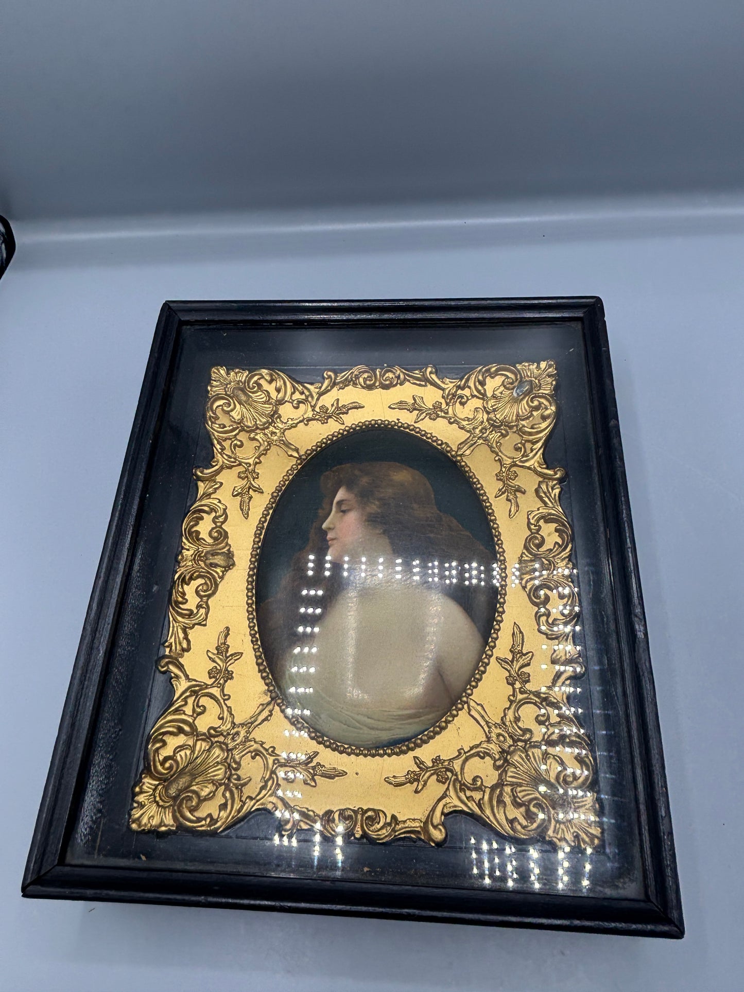 Vintage German hand painted portrait double framed
