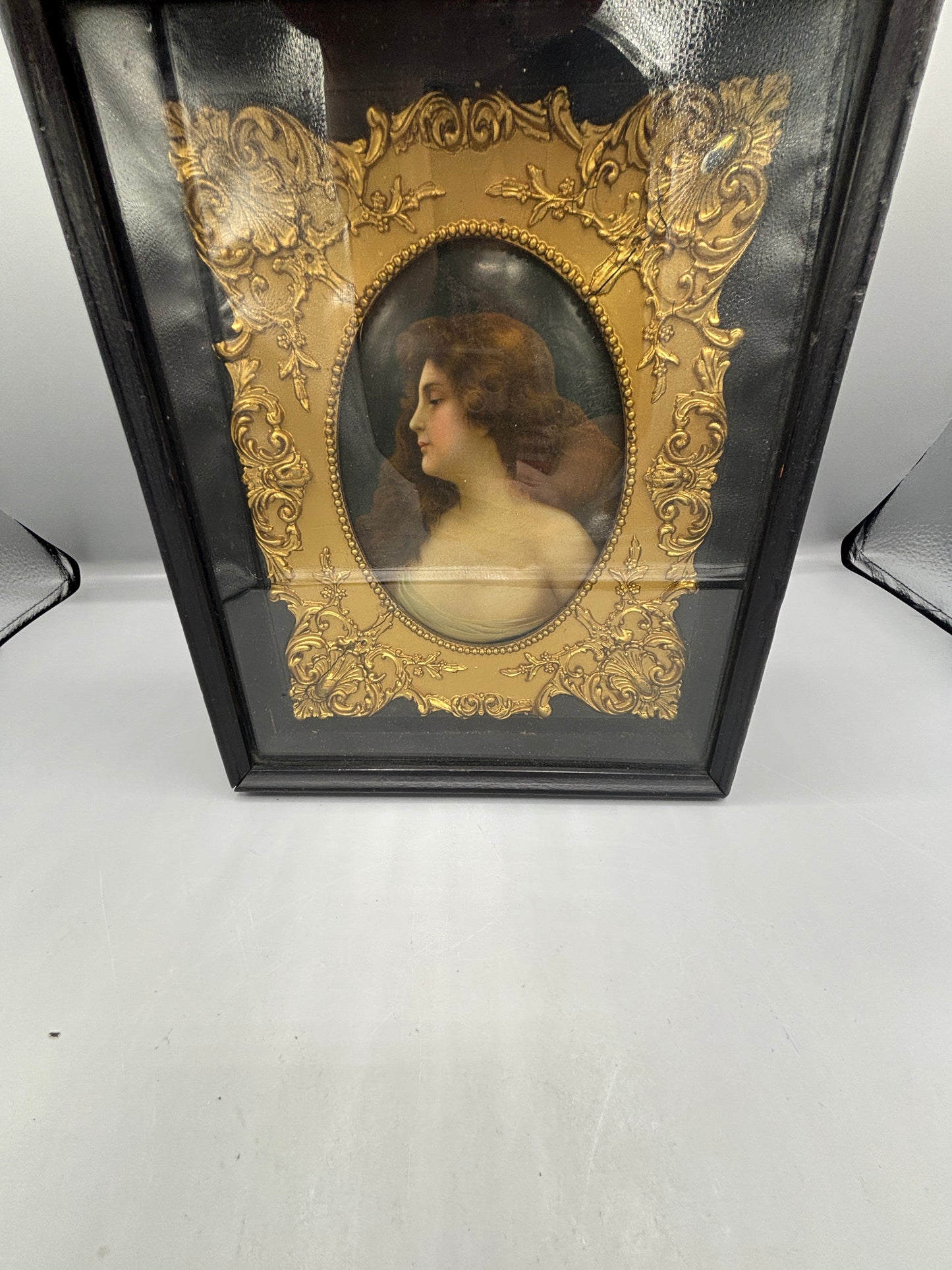 Vintage German hand painted portrait double framed