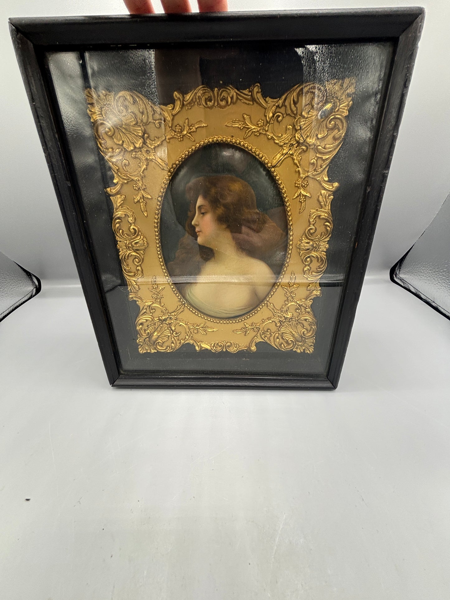 Vintage German hand painted portrait double framed