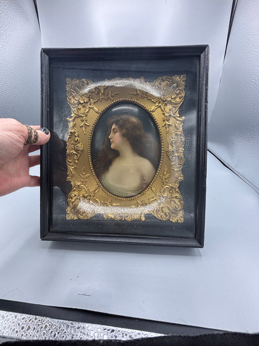 Vintage German hand painted portrait double framed