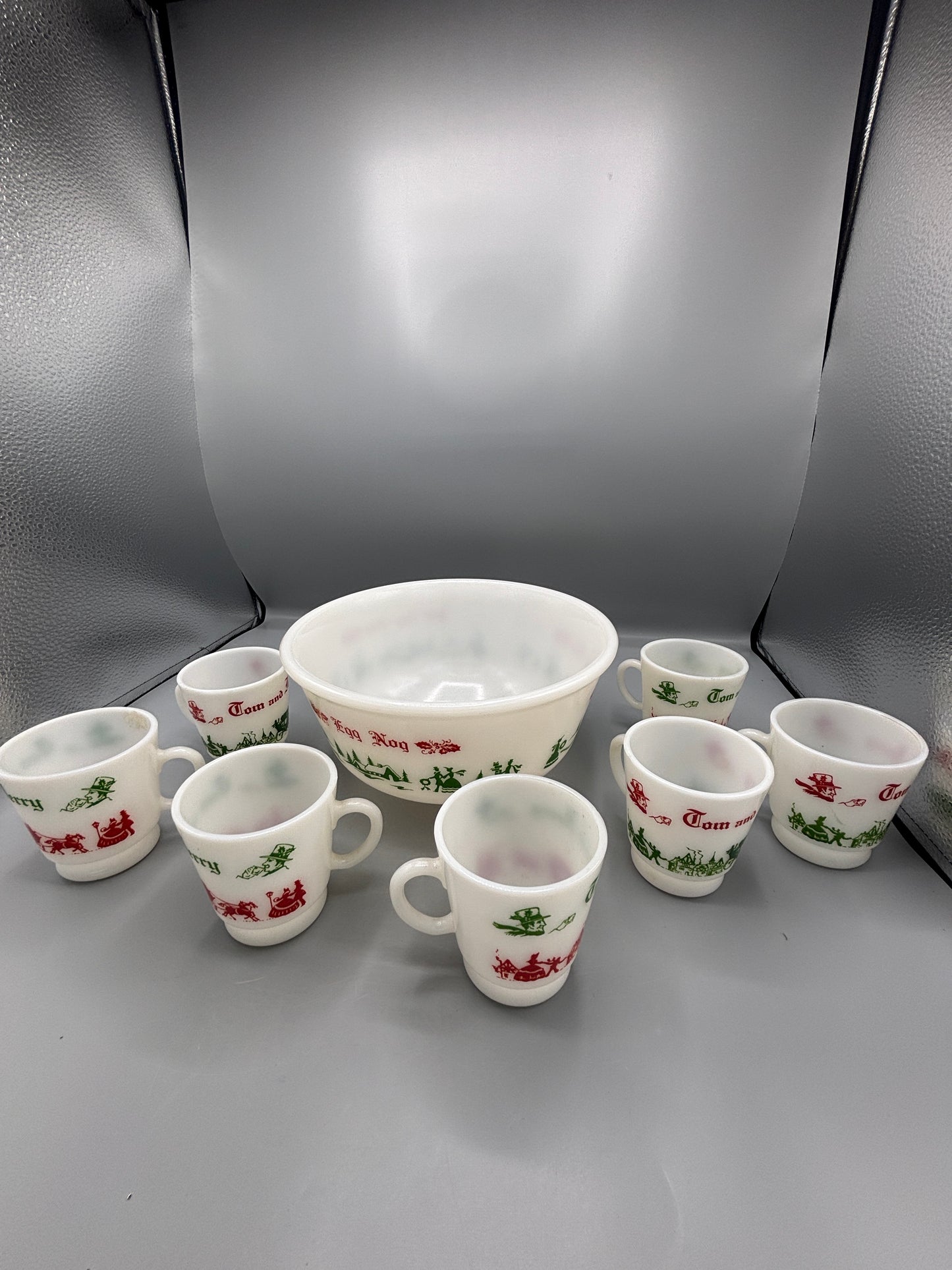 Vintage Hazel Atlas milk glass Tom & Jerry punch set