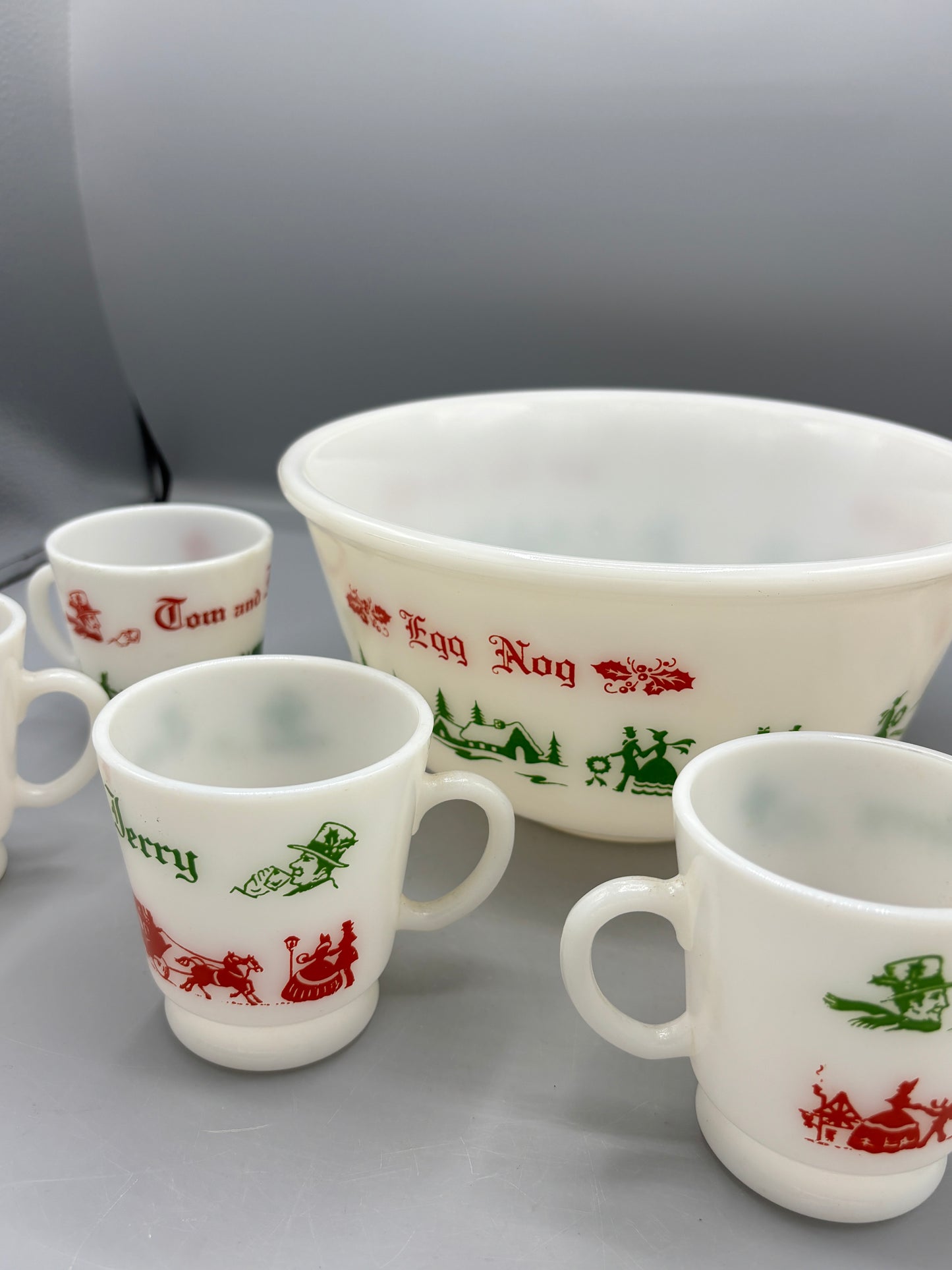 Vintage Hazel Atlas milk glass Tom & Jerry punch set