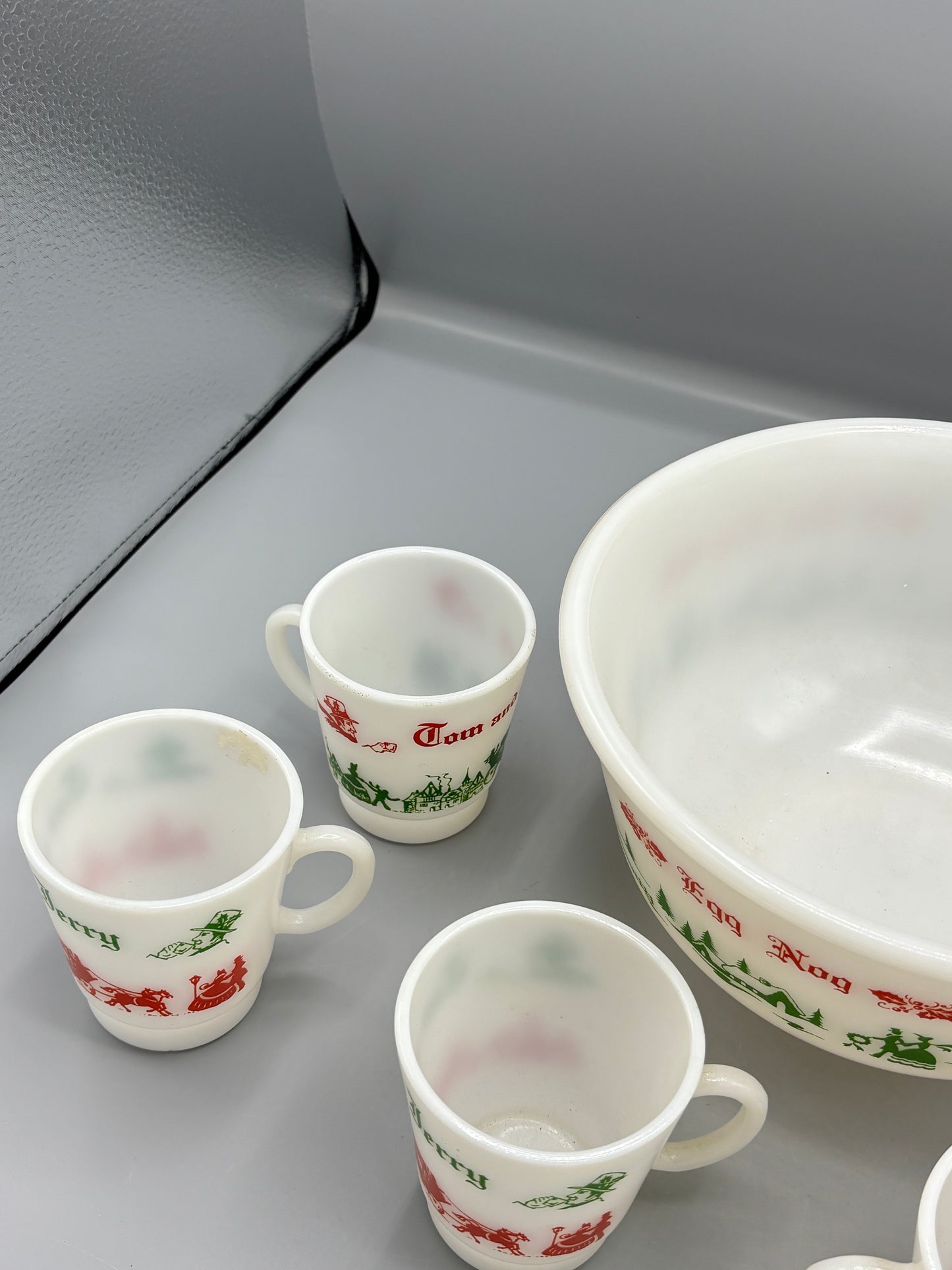 Vintage Hazel Atlas milk glass Tom & Jerry punch set