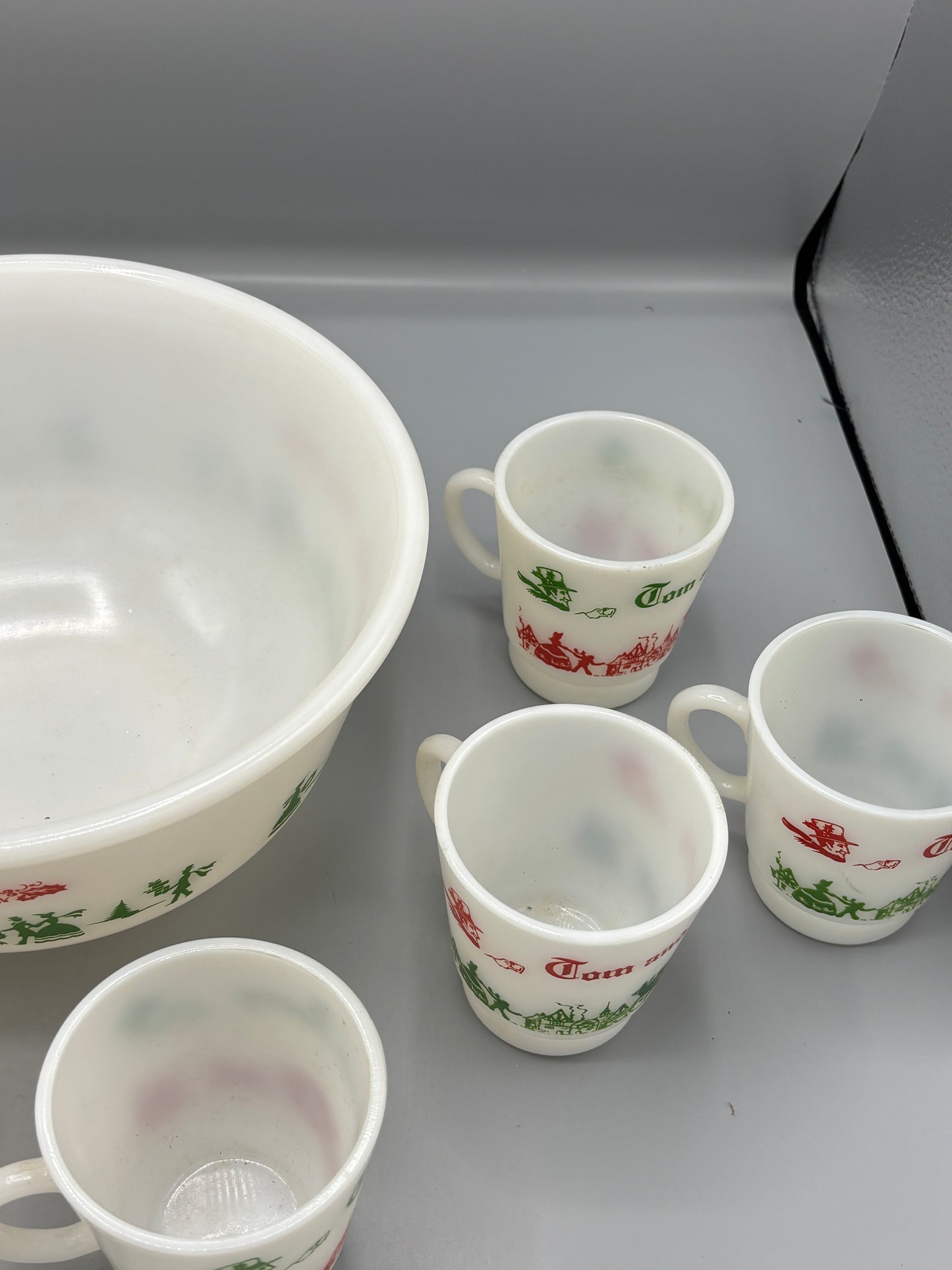 Vintage Hazel Atlas milk glass Tom & Jerry punch set