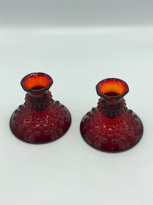 Fenton Ruby Red Hobnail glass candle holders that Glow!