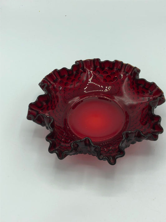 Fenton glass Ruby Red Hobnail ruffled candy dish