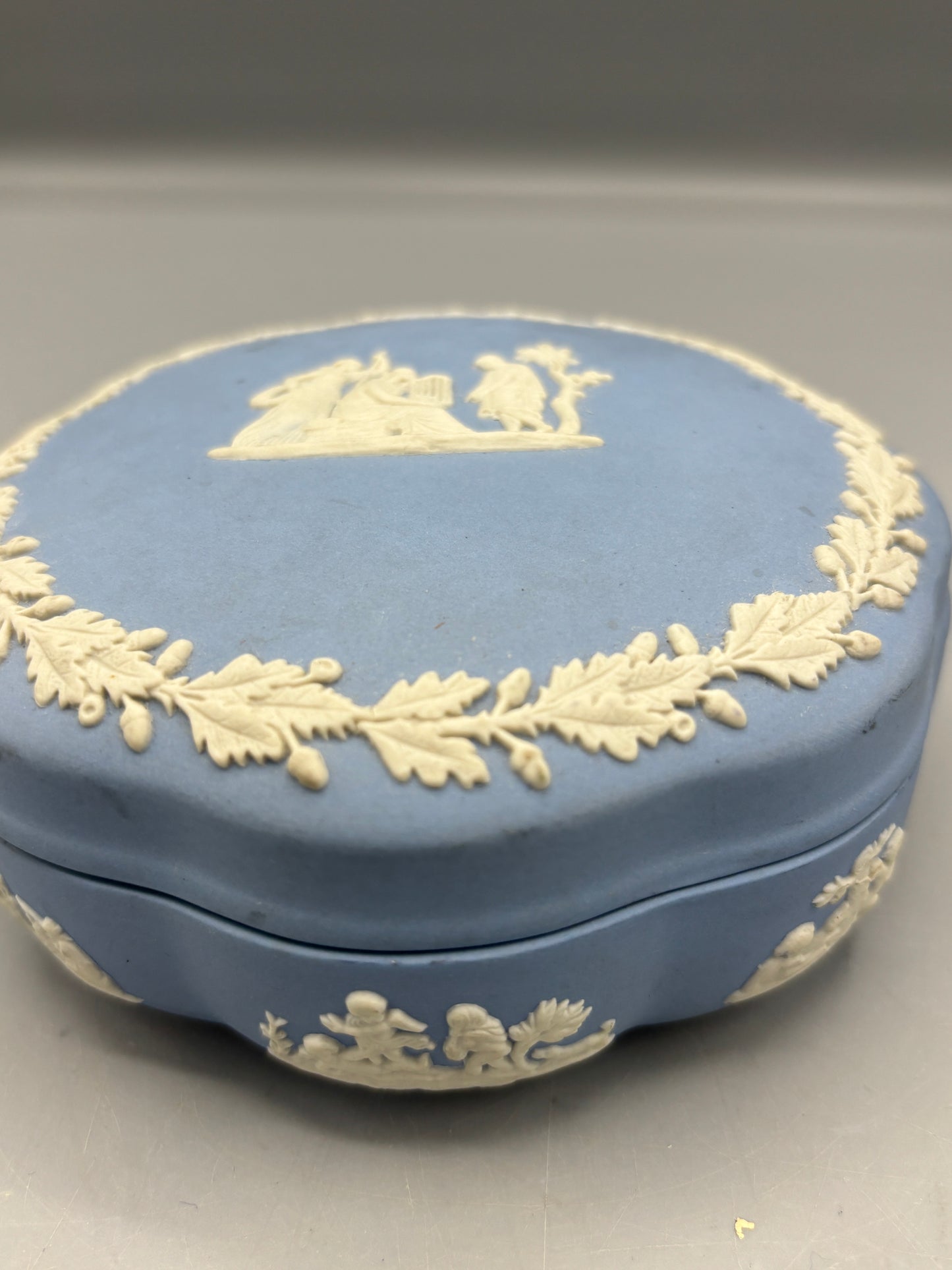 Vintage Wedgewood blue Jasperware scallop trinket box