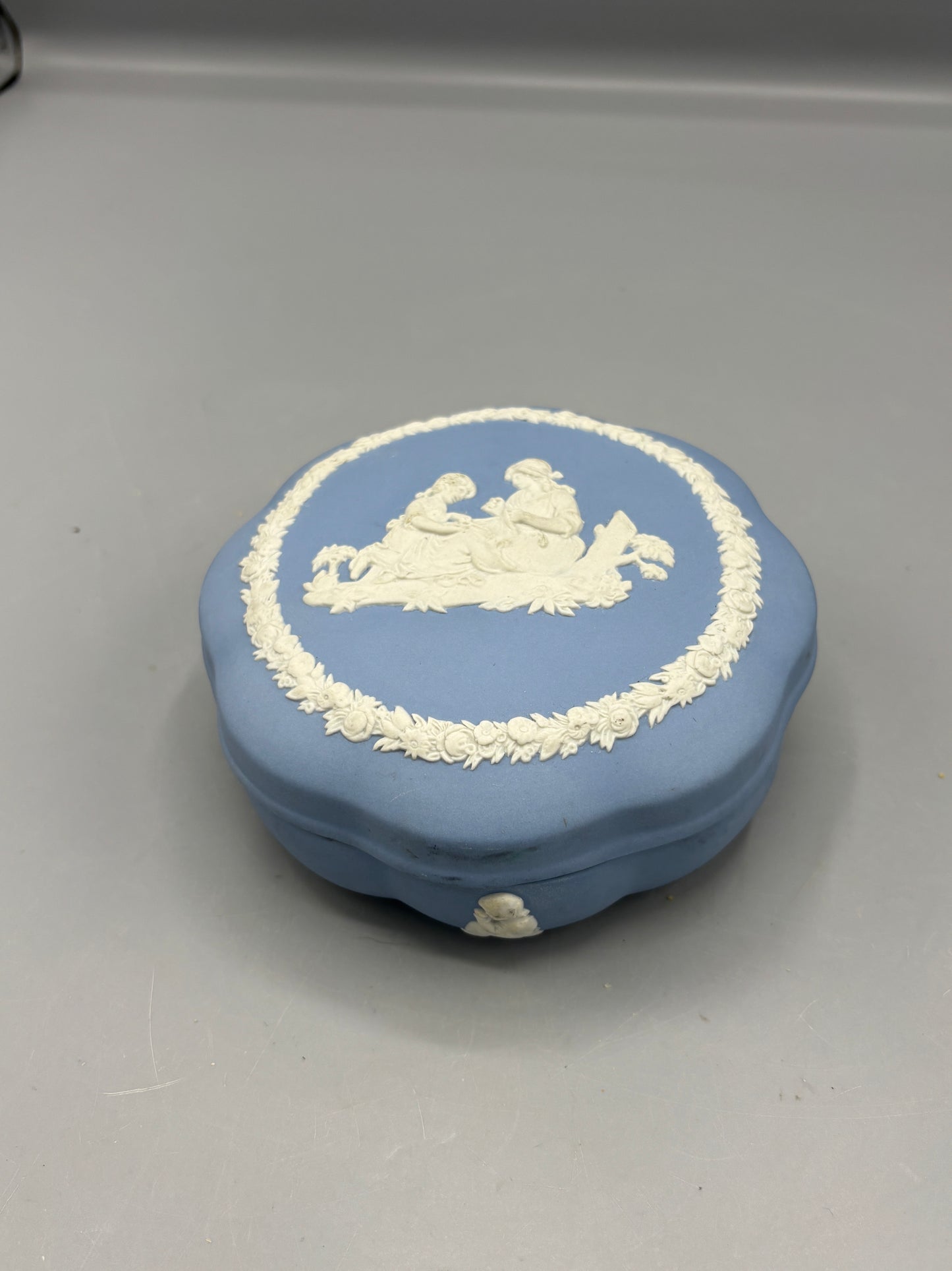 Vintage Wedgewood blue Jasperware scallop trinket box,