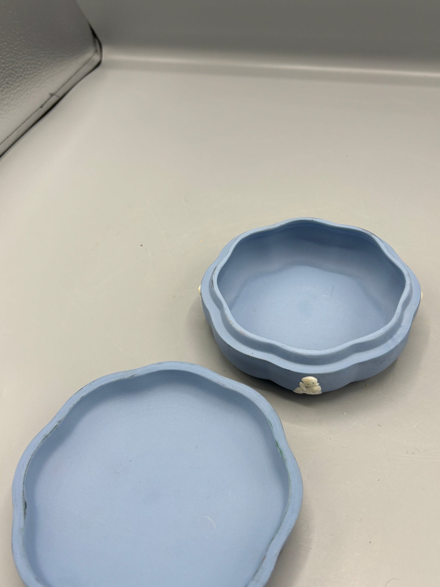 Vintage Wedgewood blue Jasperware scallop trinket box,