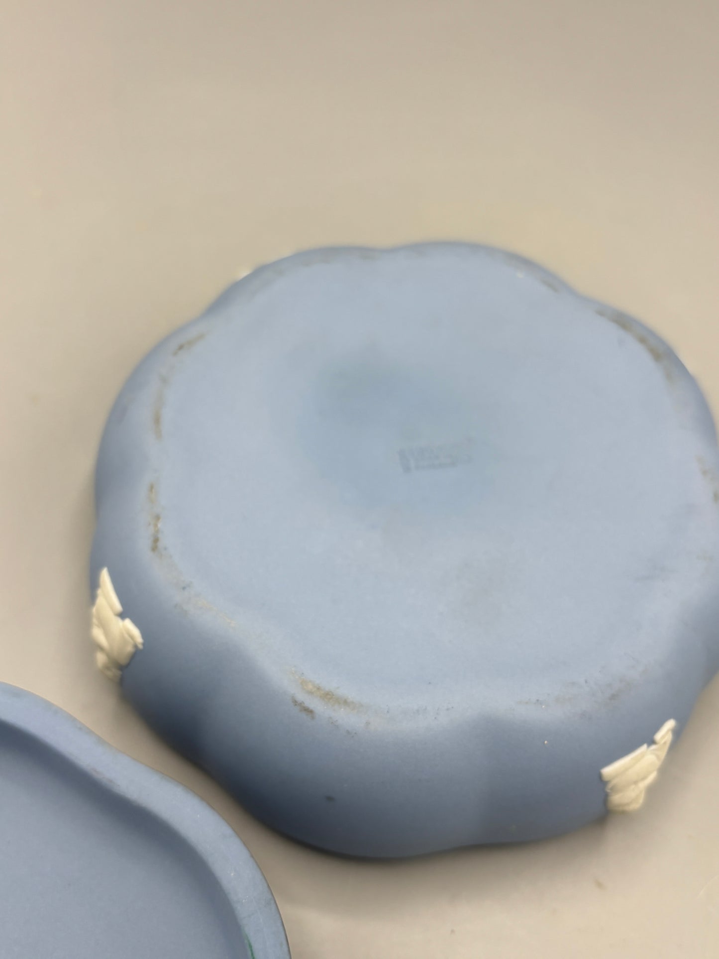 Vintage Wedgewood blue Jasperware scallop trinket box,