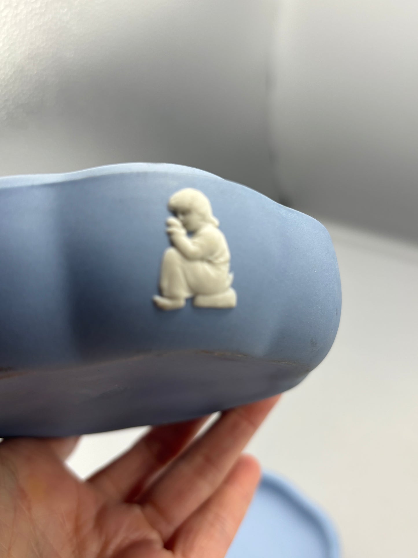 Vintage Wedgewood blue Jasperware scallop trinket box,