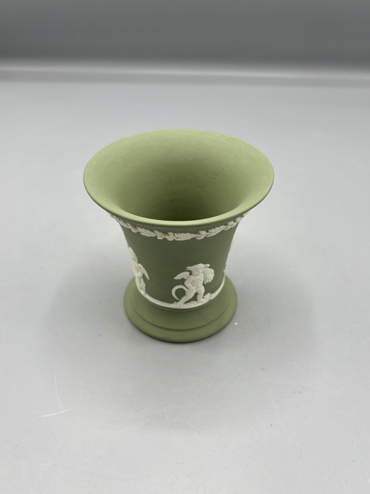 Green Jasperware Cupids Trumpet vase