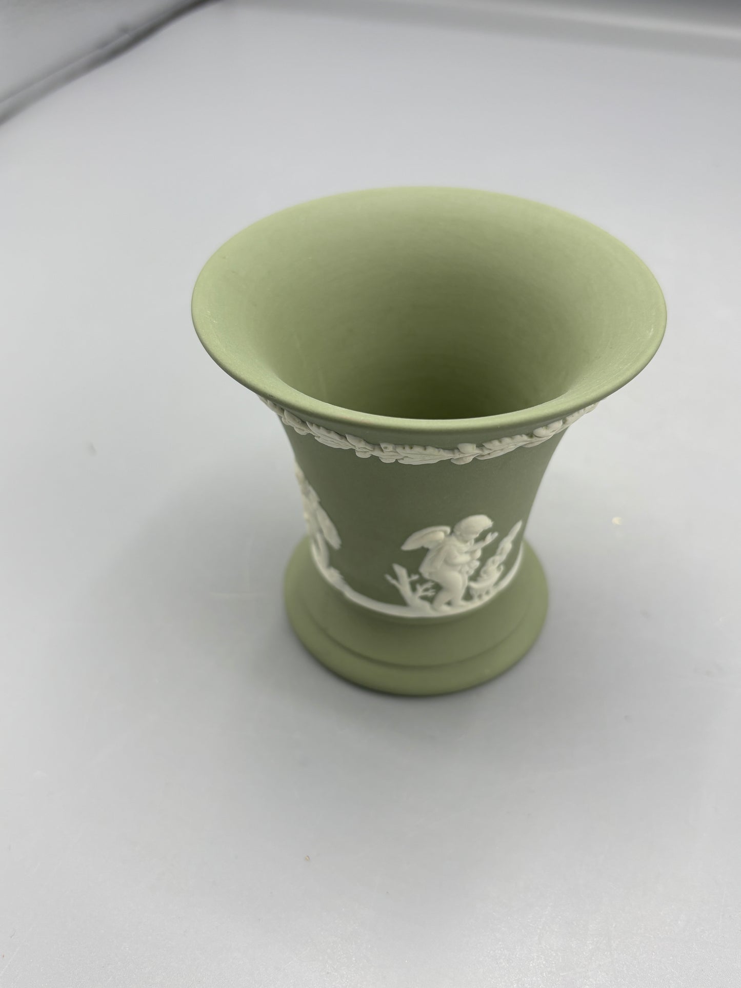 Green Jasperware Cupids Trumpet vase