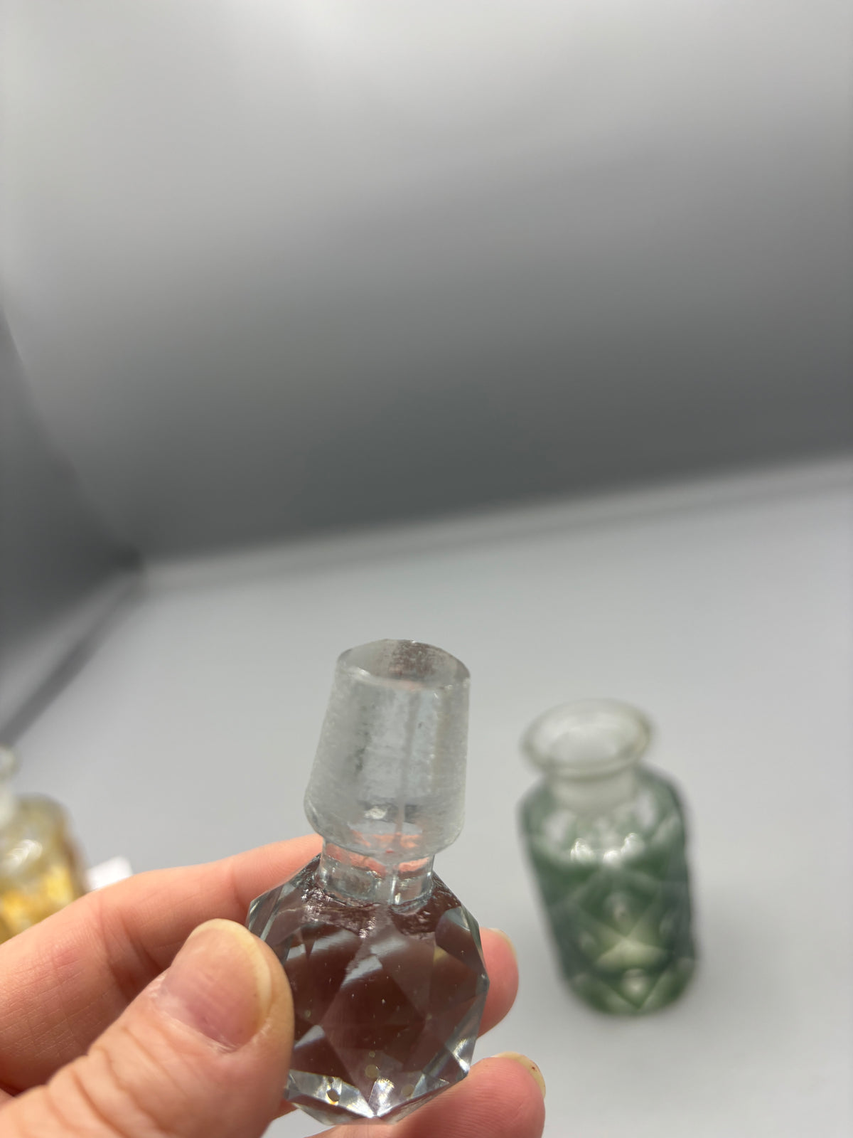 Vintage Twos Company Green glass perfume bottle