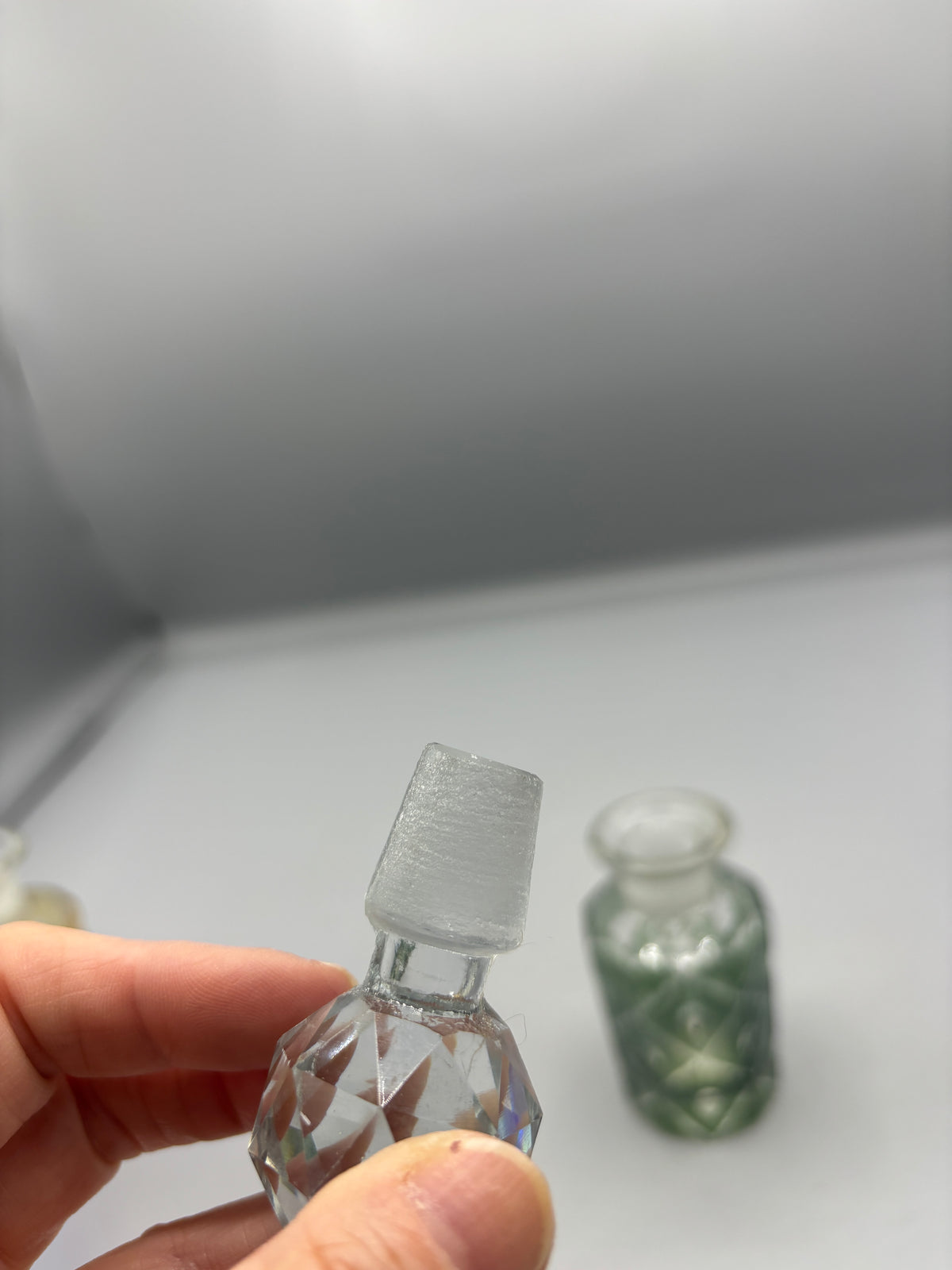 Vintage Twos Company Green glass perfume bottle