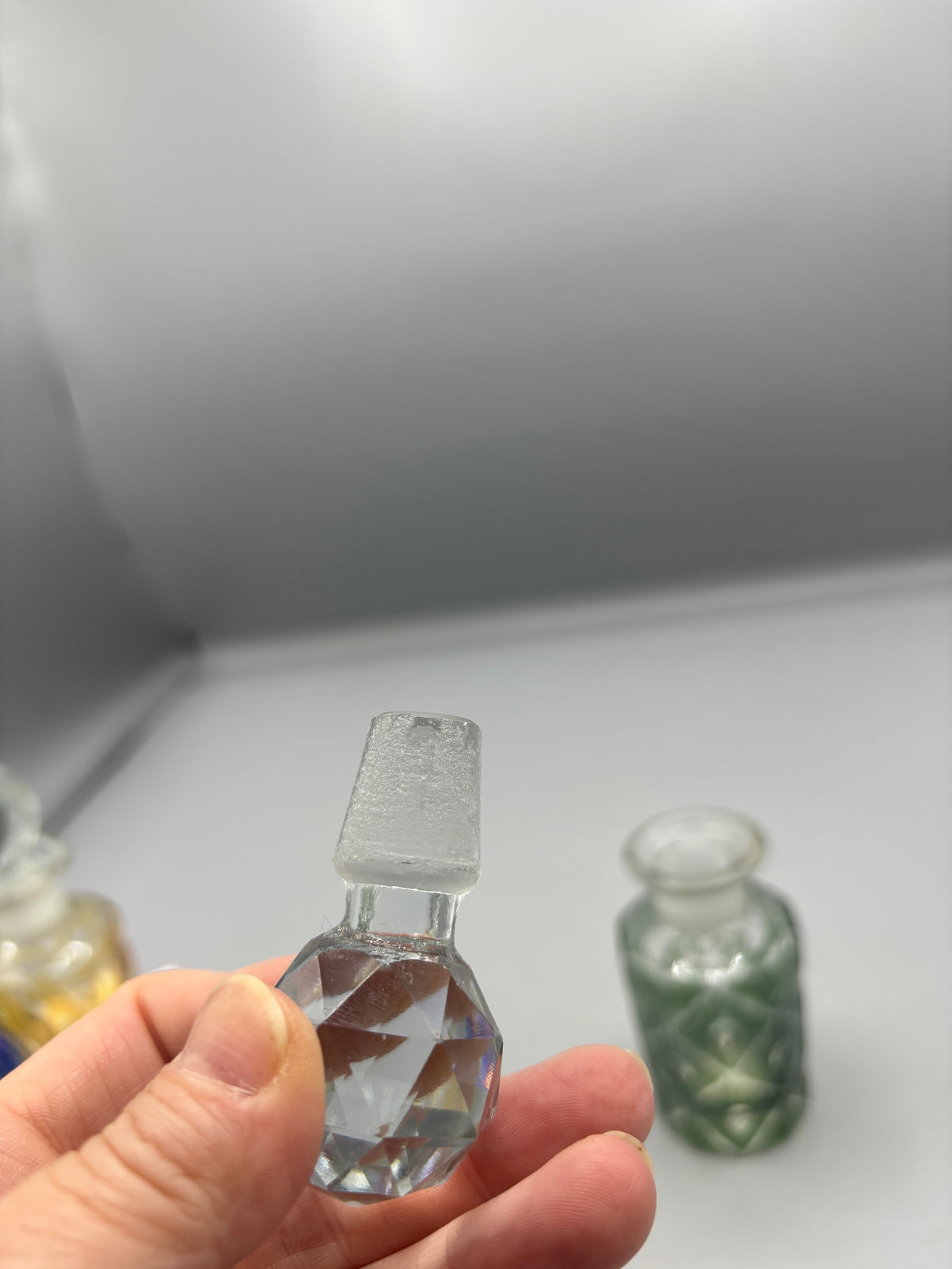 Vintage Twos Company Green glass perfume bottle