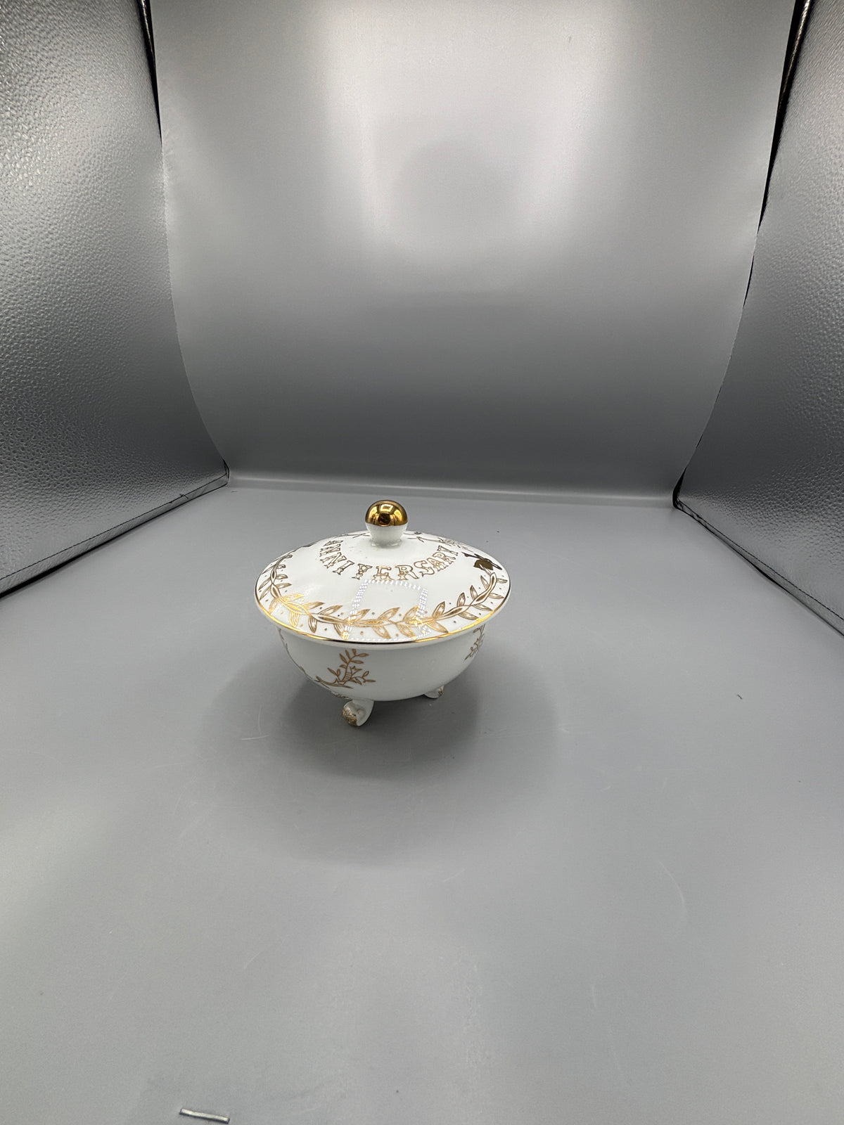 Vintage Lefton China 3 footed 50th Anniversary candy dish