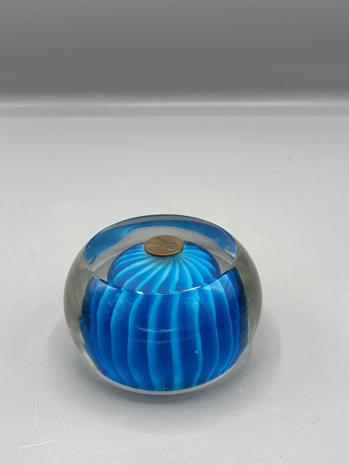 Handcrafted  blue & clear art glass paperweight