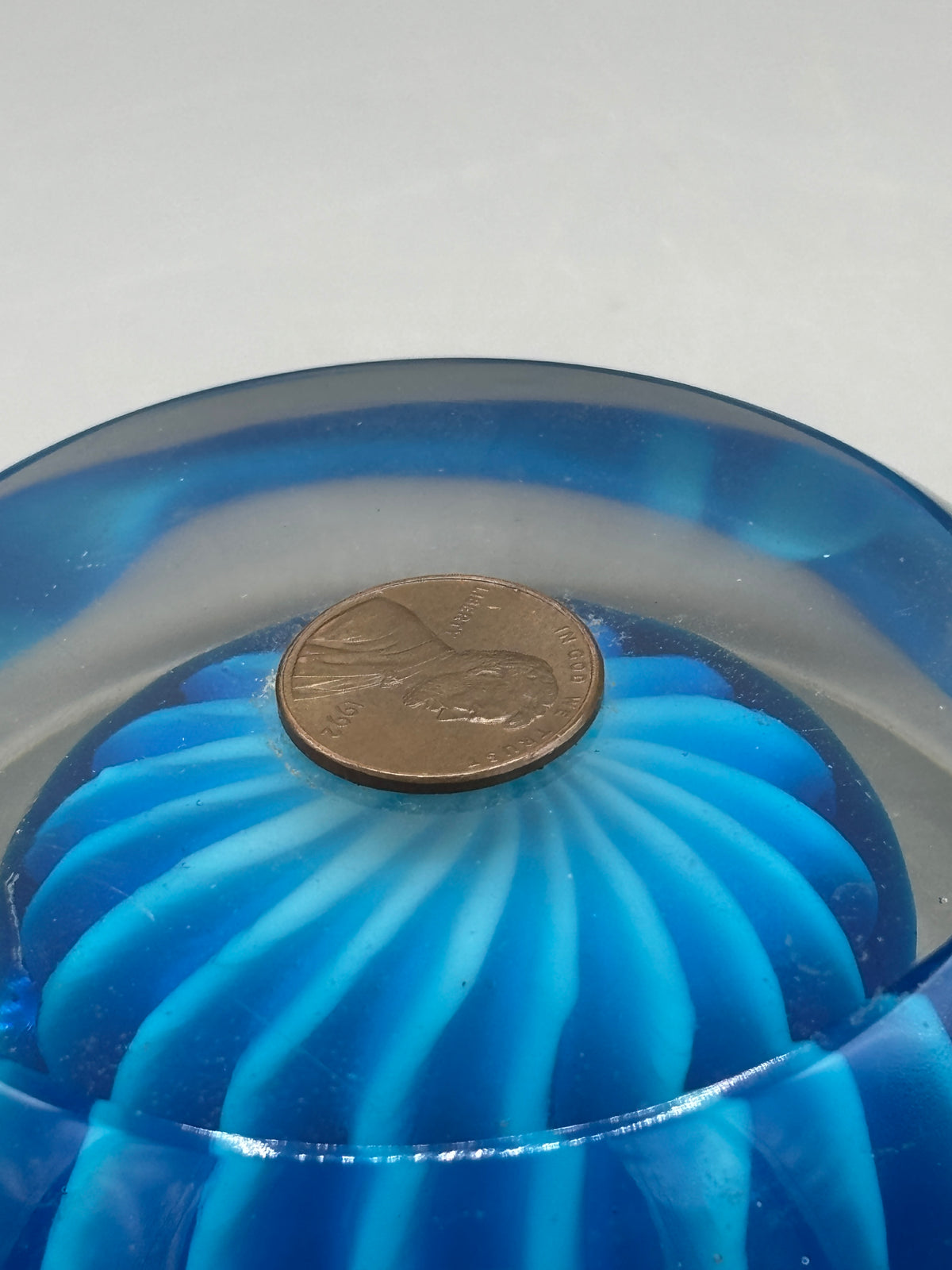 Handcrafted  blue & clear art glass paperweight