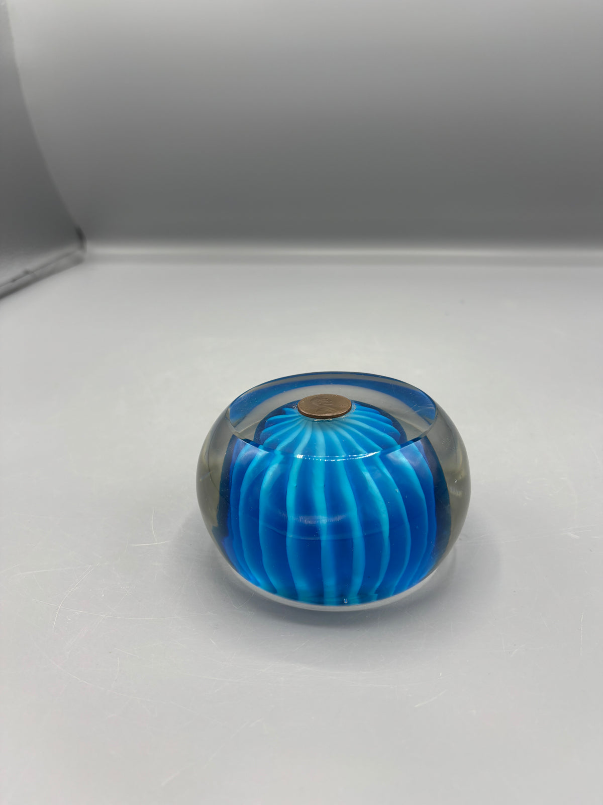 Handcrafted  blue & clear art glass paperweight