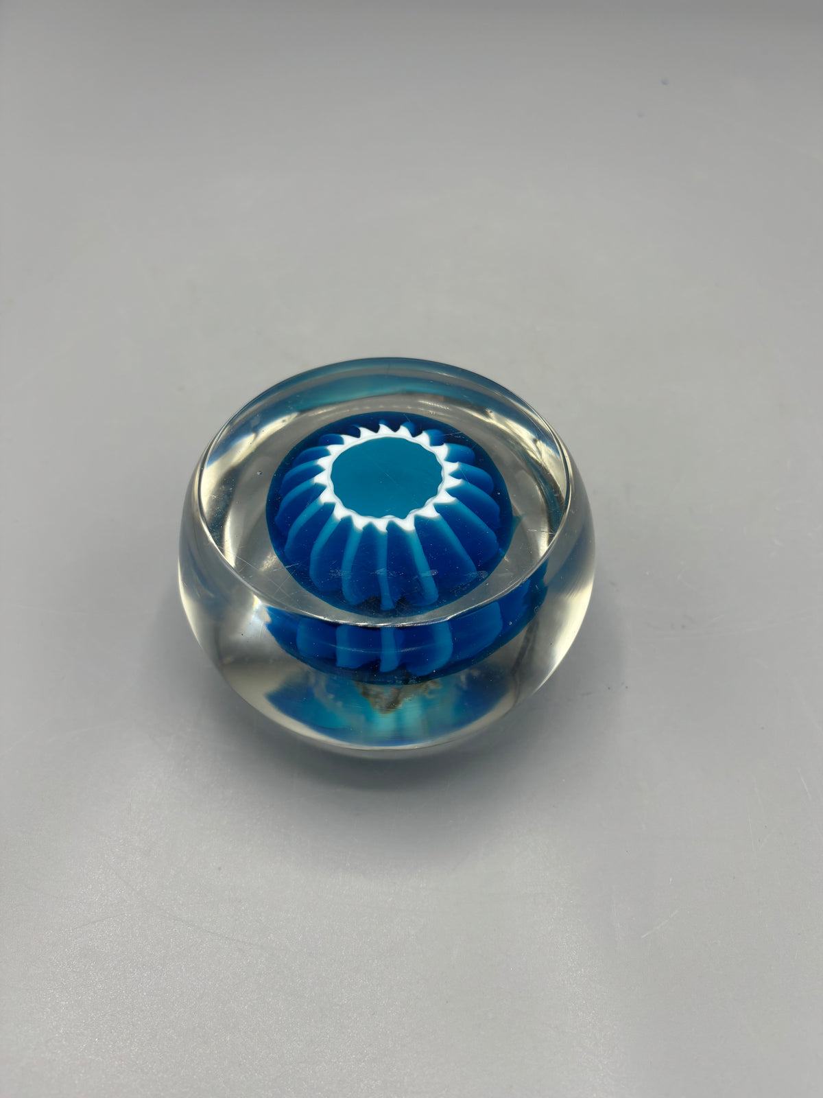 Handcrafted  blue & clear art glass paperweight