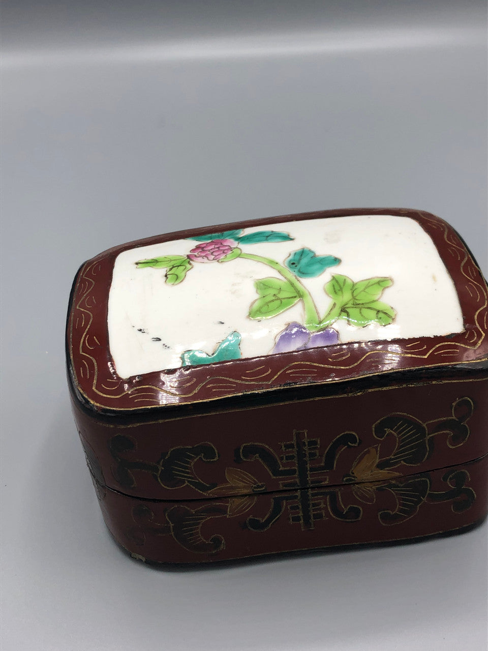 Antique Chinese Lacquer & Porcelain Box