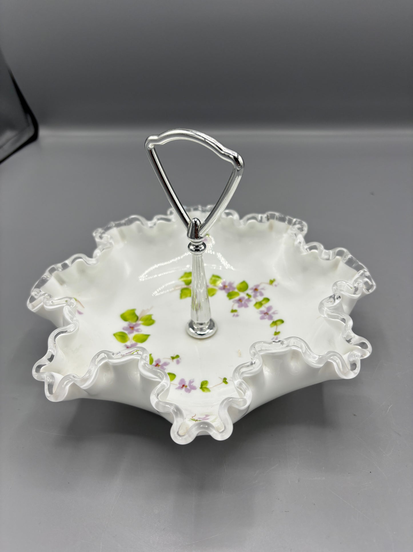 Vintage Fenton silver crest violet in the snow candy dish