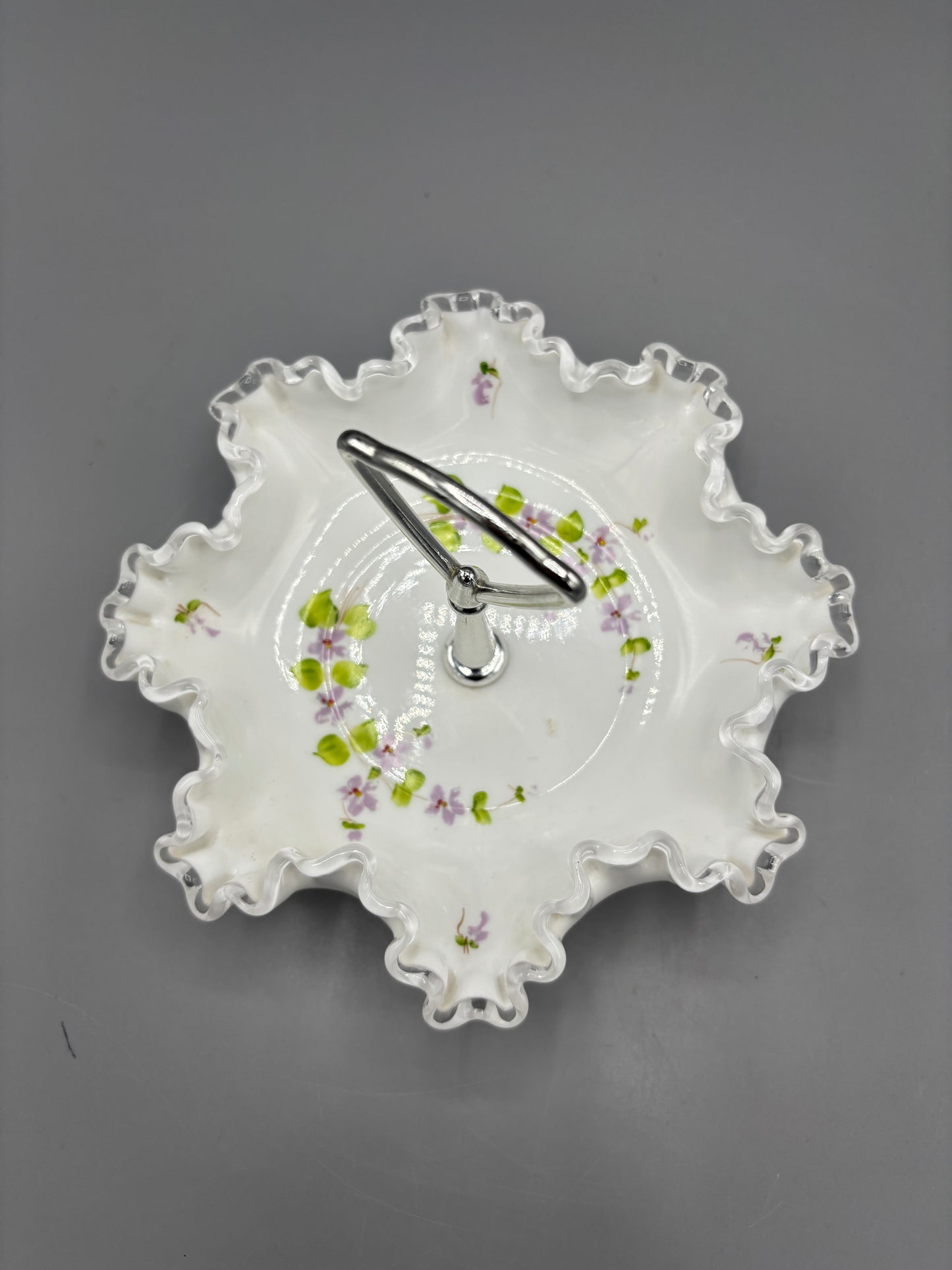 Vintage Fenton silver crest violet in the snow candy dish