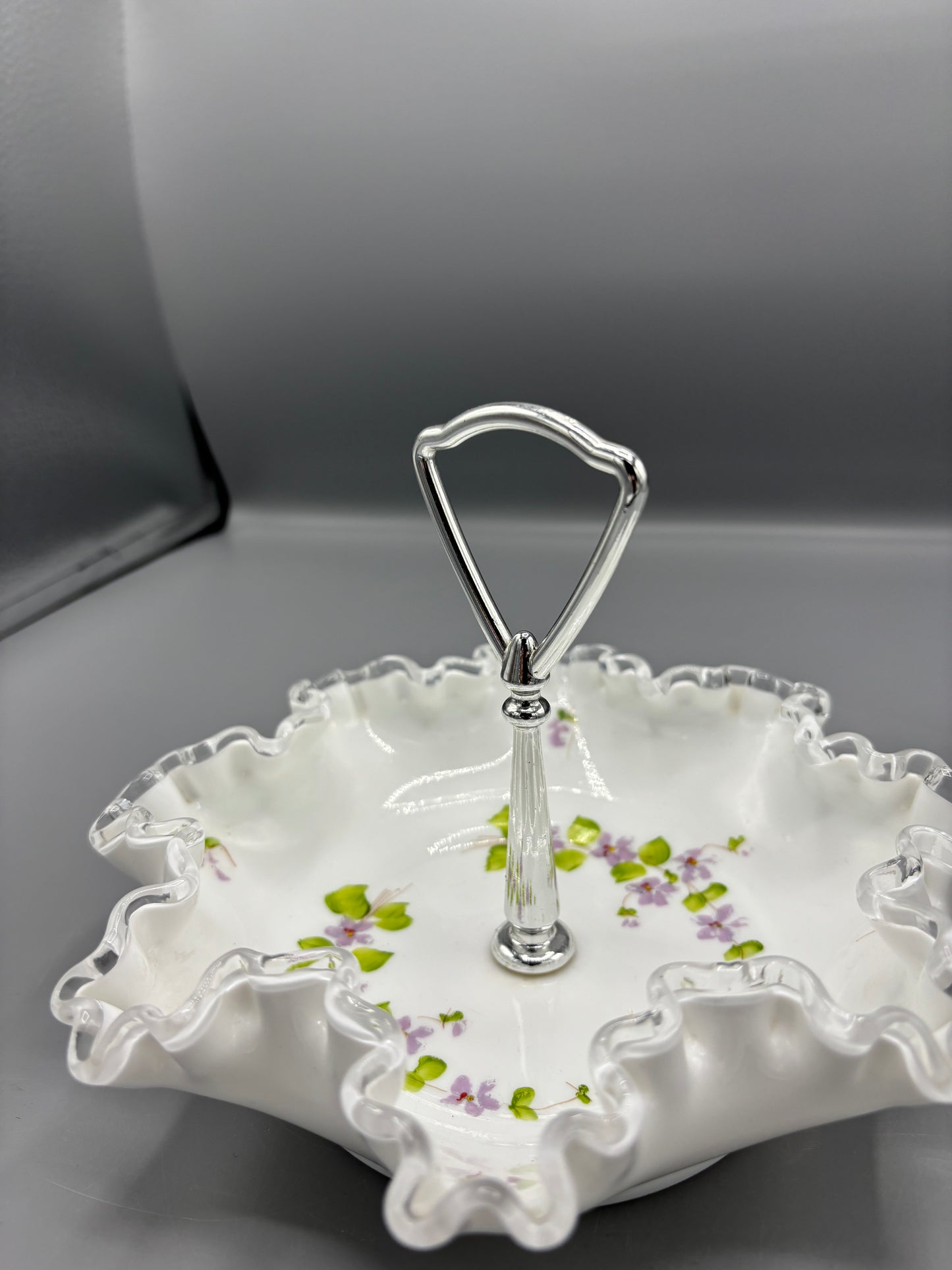 Vintage Fenton silver crest violet in the snow candy dish