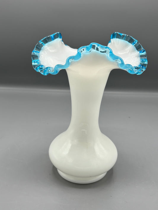 Vintage Fenton milk glass blue crest ruffle trumpet