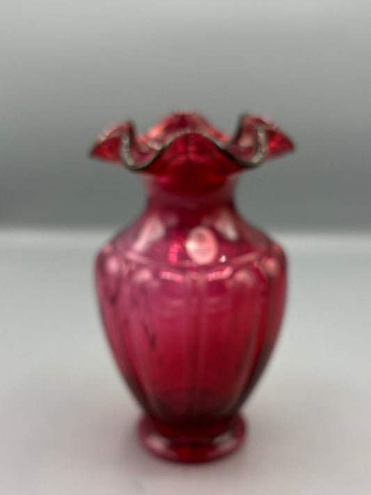 Vintage Fenton 11 1/2" Cranberry Scallop Top Swirl Design Vase