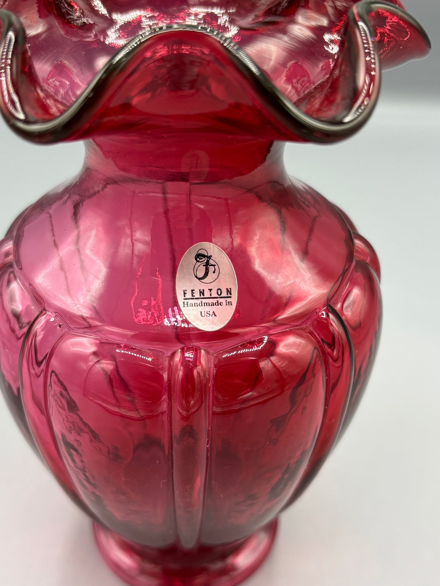 Vintage Fenton 11 1/2" Cranberry Scallop Top Swirl Design Vase
