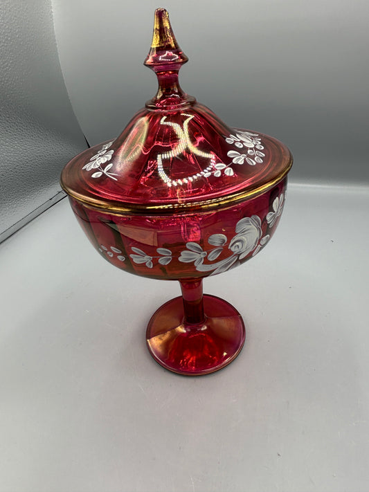 Vintage Fenton Cranberry Hand Painted Candy Dish