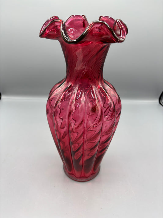 Vintage Fenton 11 1/2" Cranberry Scallop Top Swirl Design Vase