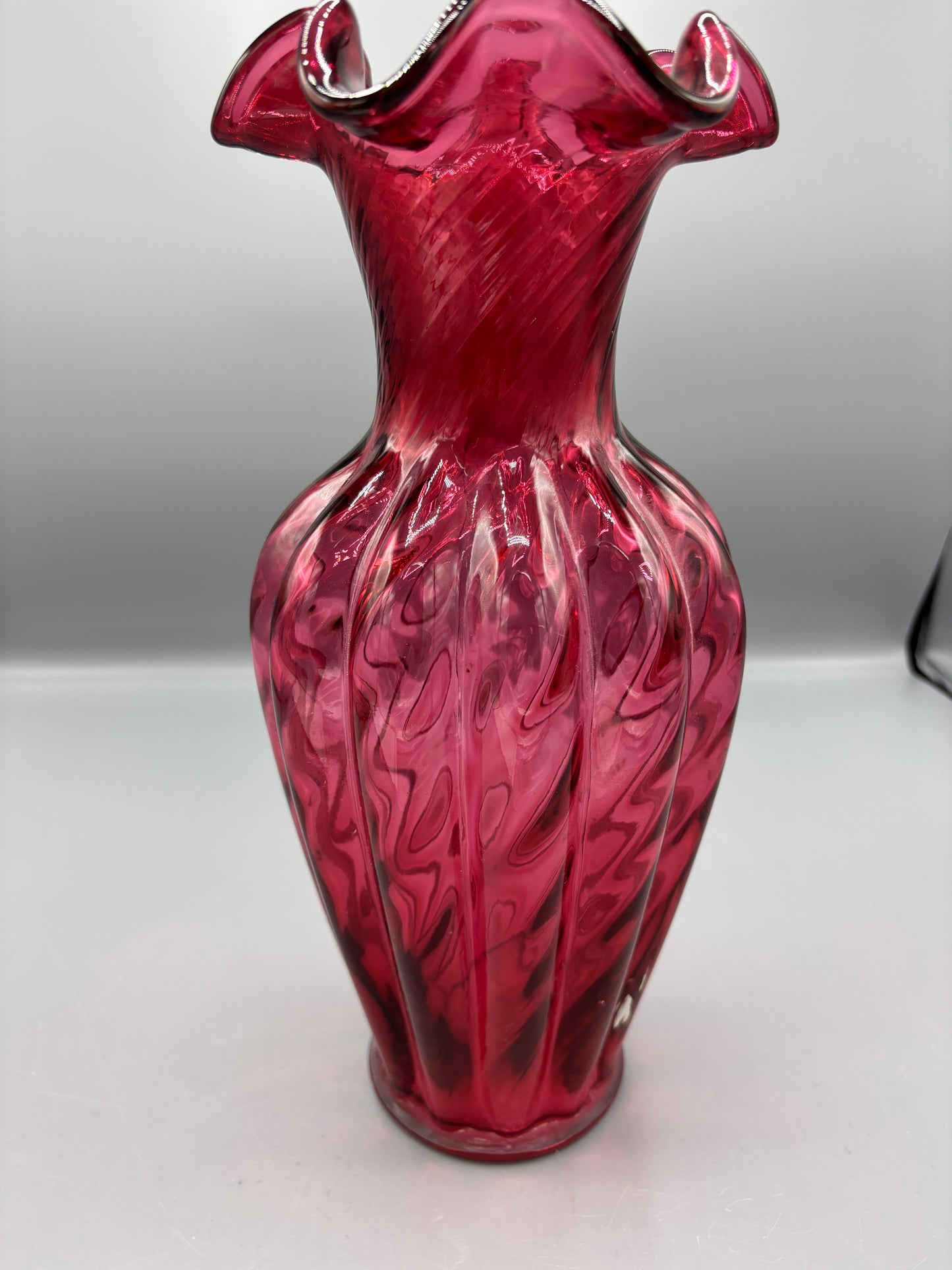 Vintage Fenton 11 1/2" Cranberry Scallop Top Swirl Design Vase
