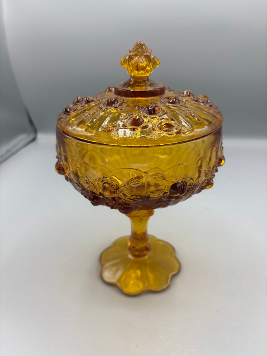 Vintage Fenton Amber Cabbage Rose Compote Dish