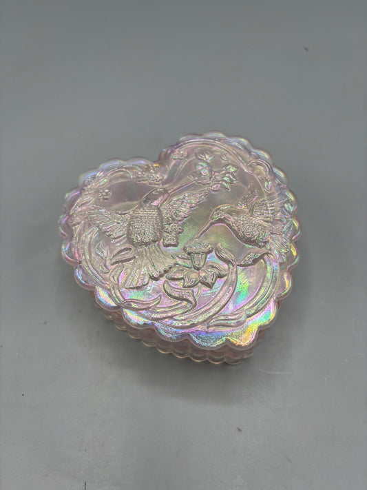 Vintage Fenton Iridescent Heart Box with Hummingbird